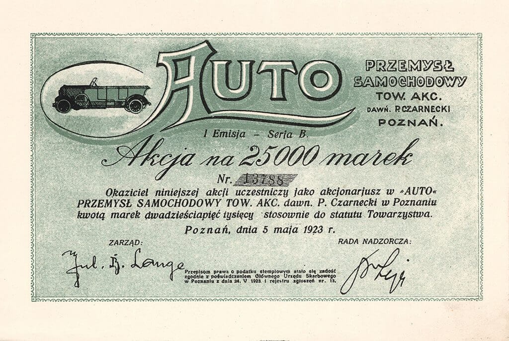 AUTO Automobilindustrie AG vormals R. Czarnecki, Posen, Aktie von 1923.