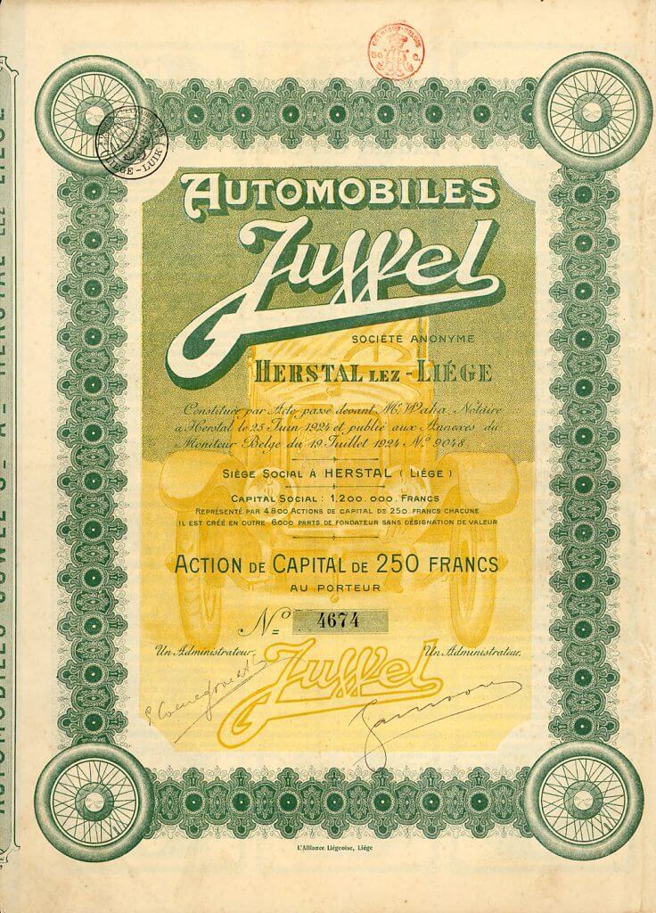 Automobiles Juwel S.A., Herstal (Liége), Aktie über 250 Francs von 1924
