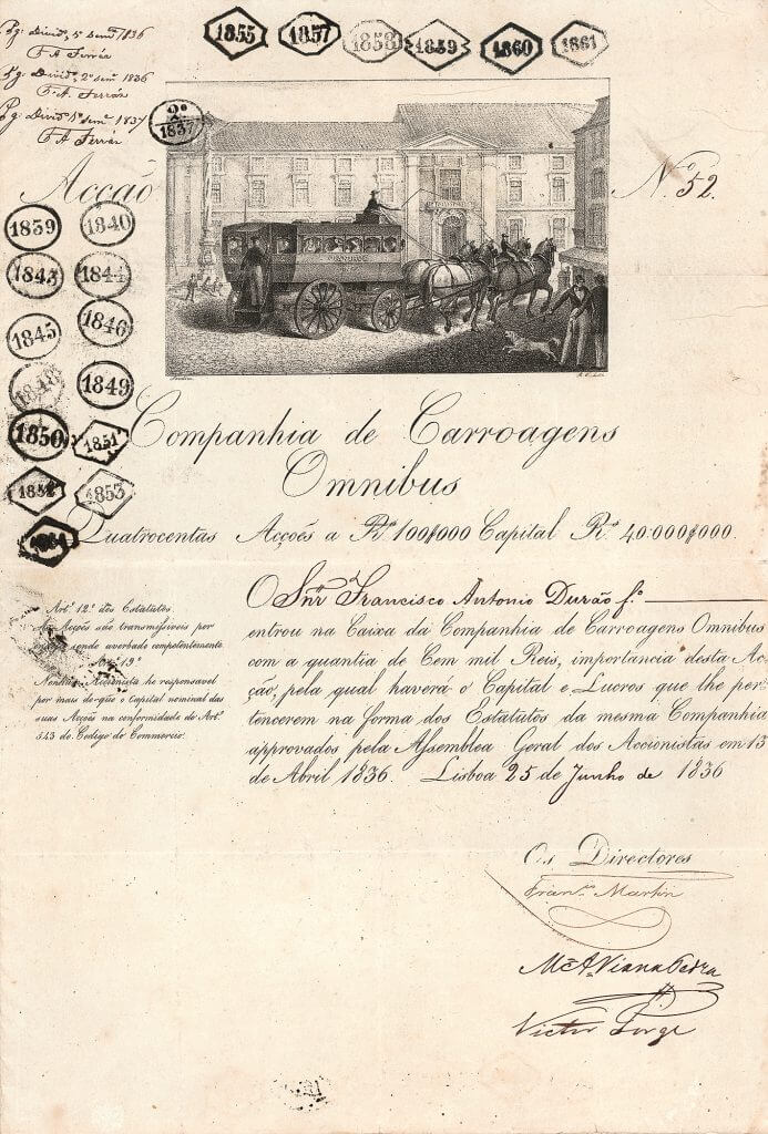 Companhia de Carroagens Omnibus, Lissabon, Gründeraktie von 1836. Die Gründung des “Lissaboner Kutschen-Omnibus-Dienstes” geht auf das Jahr 1834 zurück und erfolgte unter der Regentschaft von Königin Maria II. Ihr Ehemann, Leopold von Sachsen-Coburg-Gotha war ein Förderer und Ehrengesellschafter des Unternehmens.