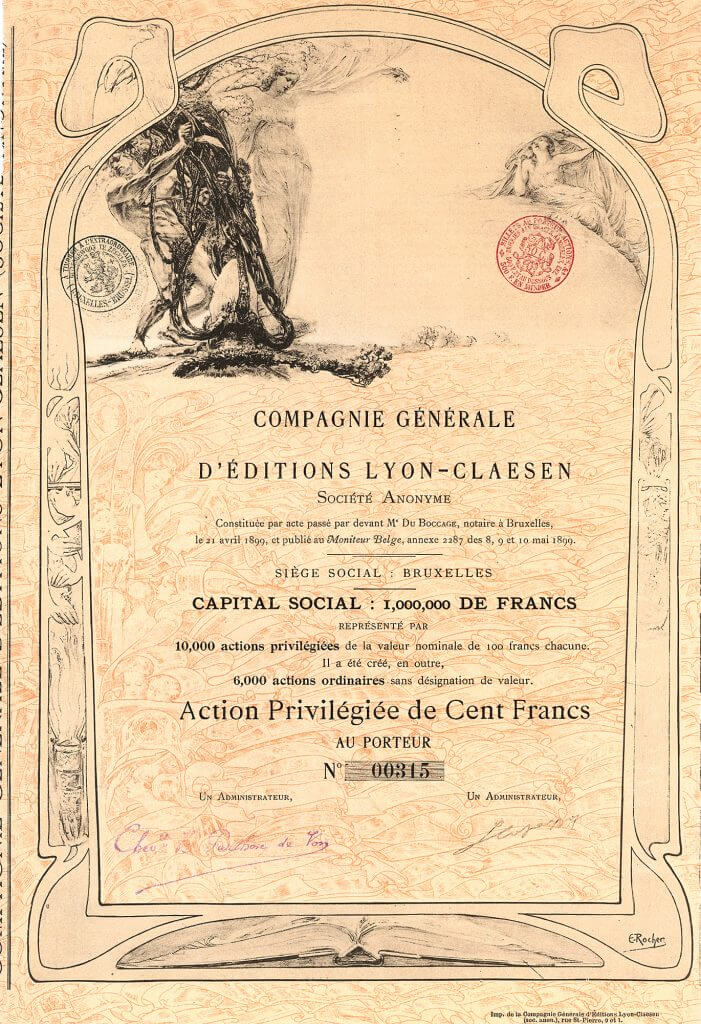 Compagnie Génerale d’Éditions Lyon-Claesen S.A., Brüssel, Gründeraktie von 1899. Herausragende Jugendstil-Gestaltung von dem damals 26-jährigen Pariser Illustrator Edmond André Rocher (in der Platte signiert).
