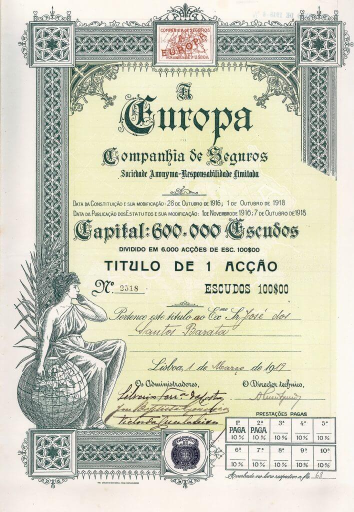 A Europa Companhia de Seguros S.A., Lissabon, Aktie von 1919. Herrliche Aktie der 1916 gegründeten Versicherungsgesellschaft