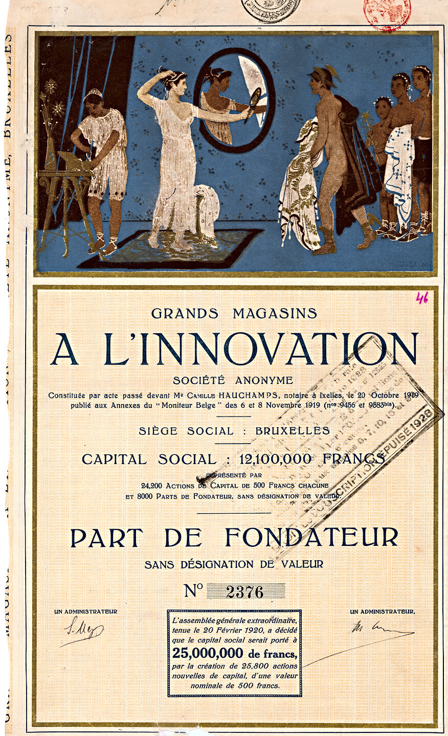 Grands Magasins à l’Innovation S.A., Brüssel, Part de Fondateur von 1919. Die farbenprächtige und ausdrucksstarke Abbildung stammt von dem in Gent geborenen belgischen Künstler Constant Montald (1862-1944)