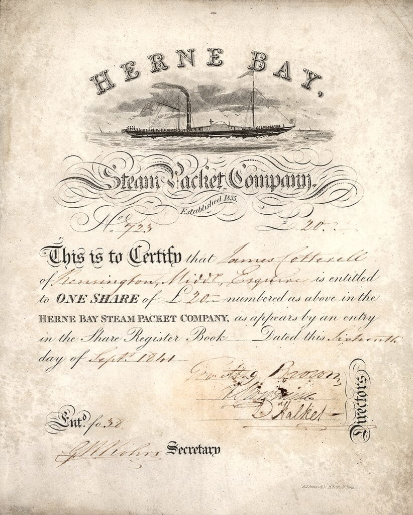Herne Bay Steam Packet Company, Aktie von 1841, auf Tierhaut gedruckt. Druck auf Tierhaut mit herrlicher Kupferstichvignette mit Darstellung des firmeneigenen Dampfers in voller Fahrt