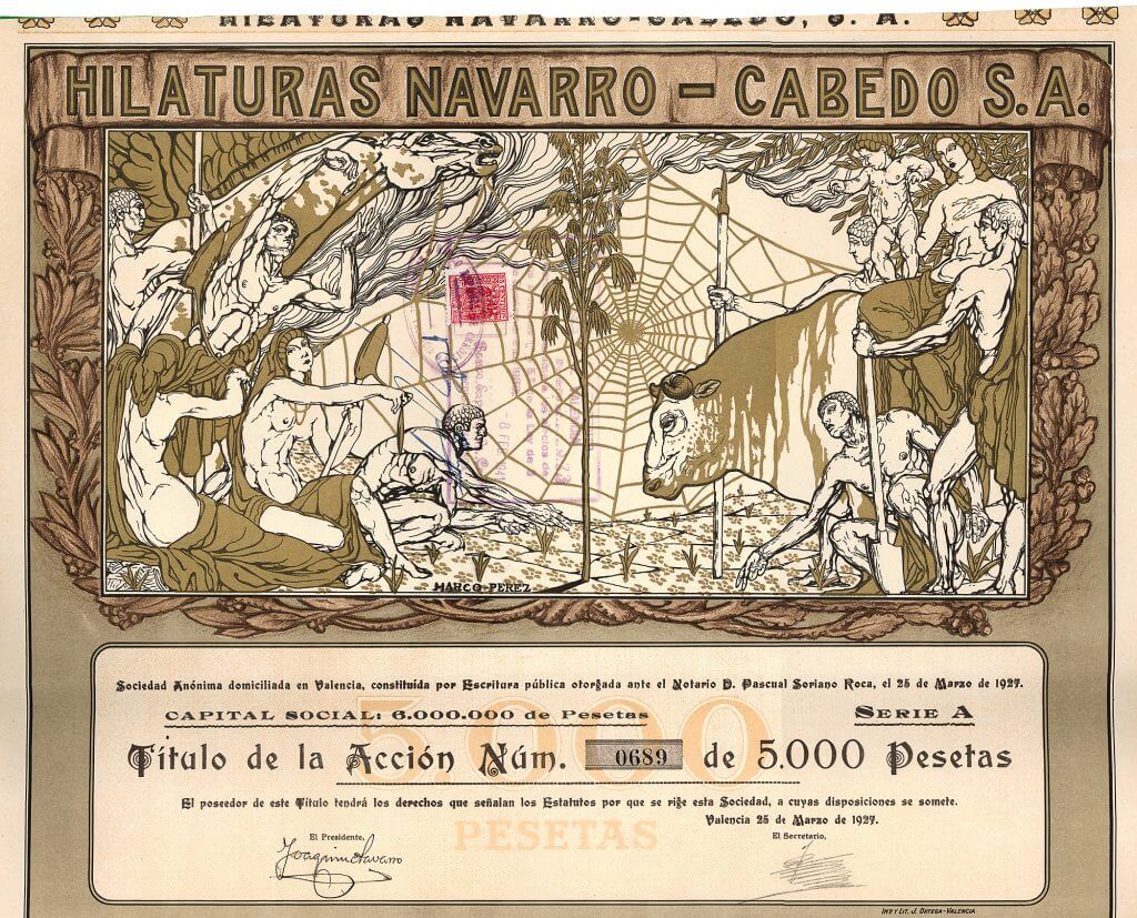 Hilaturas Navarro-Cabedo S.A., Valencia, Gründeraktie von 1927. Die Gesellschaft betrieb Textilbetriebe in Nordostspanien bis hoch nach Pamplona in der Navarra am Fuße der Pyrenäen. Lithographie mit Golddruck. Entwurf von Marco Perez (in der Platte signiert).