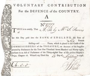 Kingdom of Great Britain, London, Voluntary Contribution for the Defence of the Country, Nationalanleihe für die Verteidigung des Landes im Kampf gegen Napoleon über 100 £ von 1798