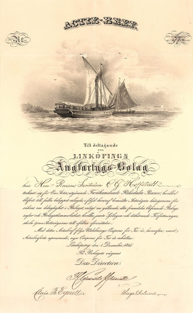 Linköpings Angfartygs-Bolag, Gründeraktie von 1845. Das Schiff wurde im Jahr 1846 von der Werft “Motala Verkstads” in Norrköping an die Gesellschaft geliefert. Der erste Kapitän des Schiffes war André Oscar Wallenberg (1816-1866), der als der eigentliche Gründer des Wallenberg-Imperiums gilt.