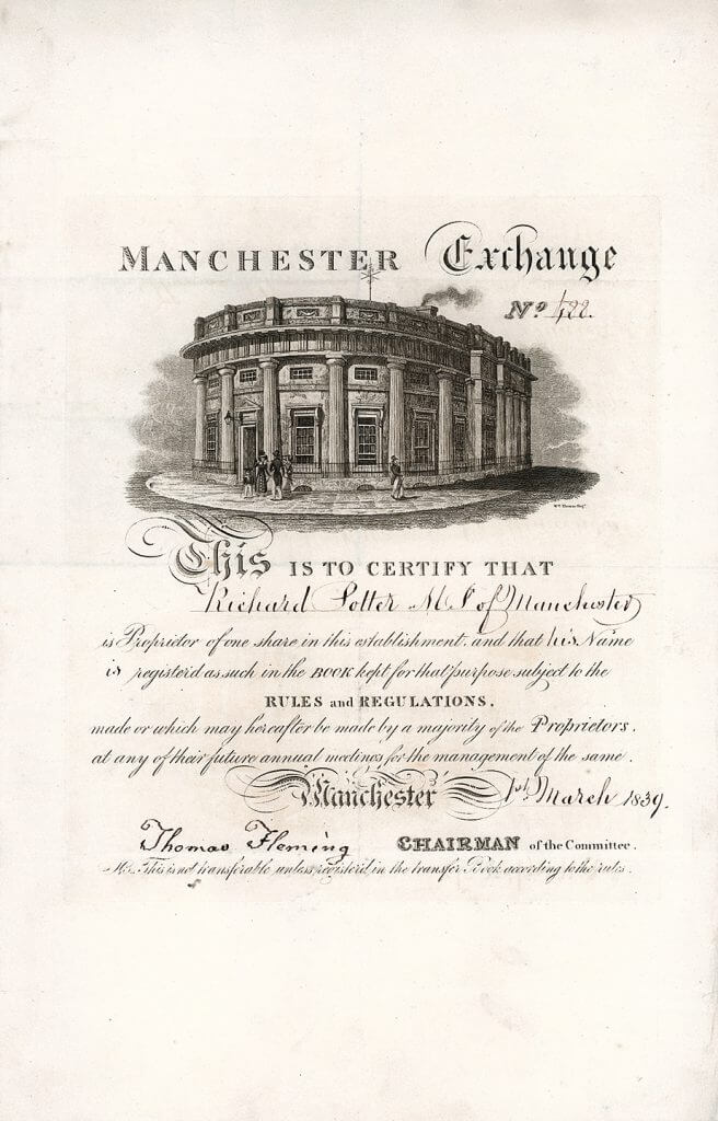 Manchester Exchange, Aktie der Börse von Manchester aus dem Jahr 1839