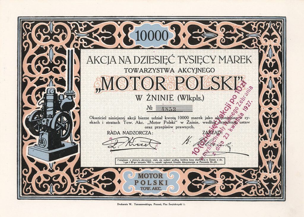 “Motor Polski” Towarzystwo Akcyjne, Znin, Aktie über 10.000 polnische Mark von 1922.