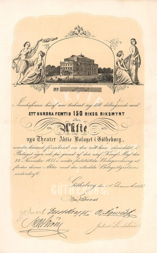 Nya Theater-AB, Göteborg, Gründeraktie von 1855. Dekoratives Papier mit Ansicht des prächtigen neuen Theaters, umrahmt von Schauspielern, Lithographie von Bror Karl Malmberg (1818-1877).
