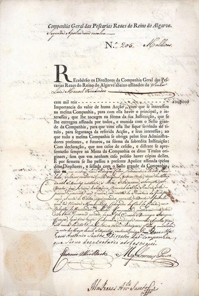 Companhia Geral das Pescarias Reaes do Reino do Algarve, Lissabon, Aktie von 1785. Gründung 1773 für den Thunfisch- und Sardinenfang vor der Küste der Algarve.