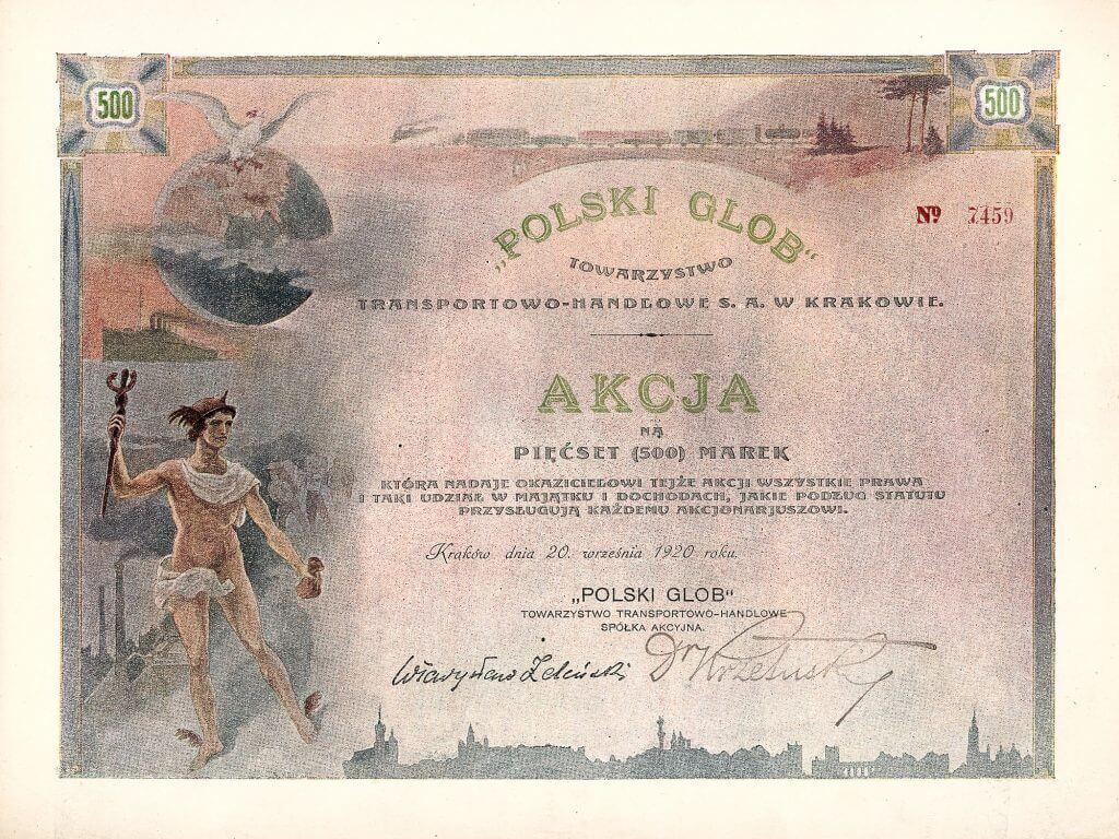 “Polski Glob” Towarzystwo Transportowo-Handlowe S.A., Krakau, Gründeraktie von 1920. Ausdrucksvolle mehrfarbige Gestaltung durch den Künstler S. Mirecki (in der Platte signiert).
