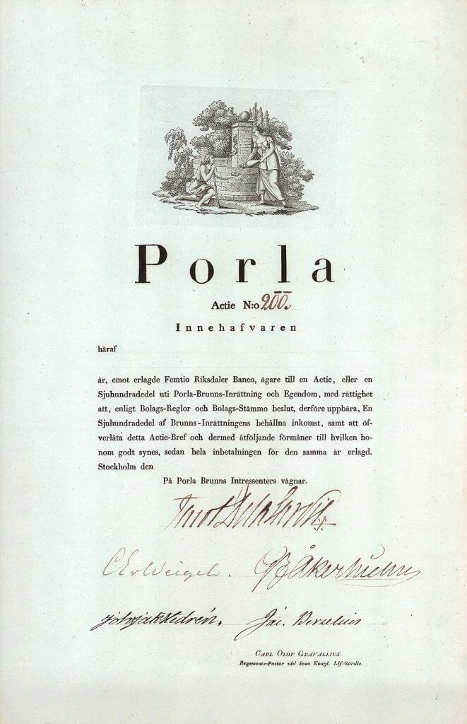 Porla Brunns AB, Stockhol, Gründeraktie von 1826 (undatiert). Mit Originalsignatur des berühmten schwedischen Chemikers Jöns Jakob Berzelius (1779-1848).