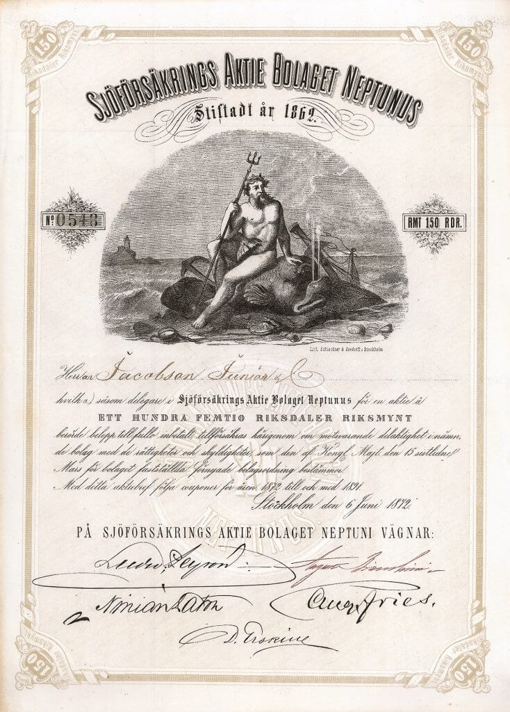 Sjöförsäkrings AB Neptunus, Stockholm, Aktie von 1872. Alte, schon 1862 gegründete schwedische Seeversicherungs-Gesellschaft.