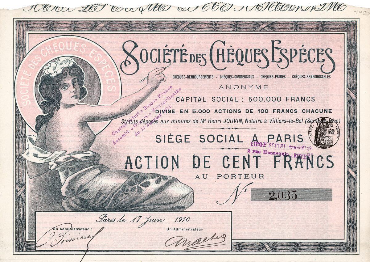 Société des Chéques Espéces, Paris, Gründeraktie von 1910. Betrieben wurde für eine limitierte Anzahl von Kunden aus Handel und Industrie das Scheck- und Wechselgeschäft für die Einkaufs- und Absatzfinanzierung.