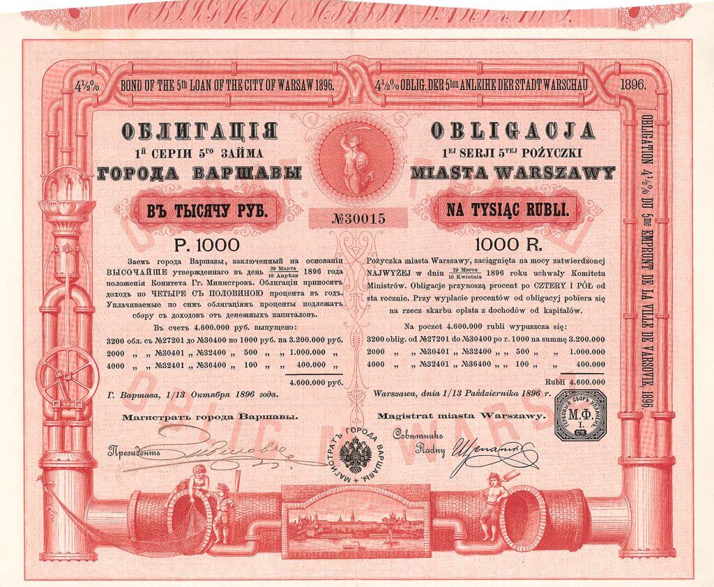Stadt Warschau, Anleihe übe 1000 Rubel von 1896. Teil einer Anleihe in Höhe von 4,6 Millionen Rubel zur Finanzierung des Ausbaus der städtischen Kanalisation und Wasserleitungen. Original signiert von dem Präsidenten des Magistrats.