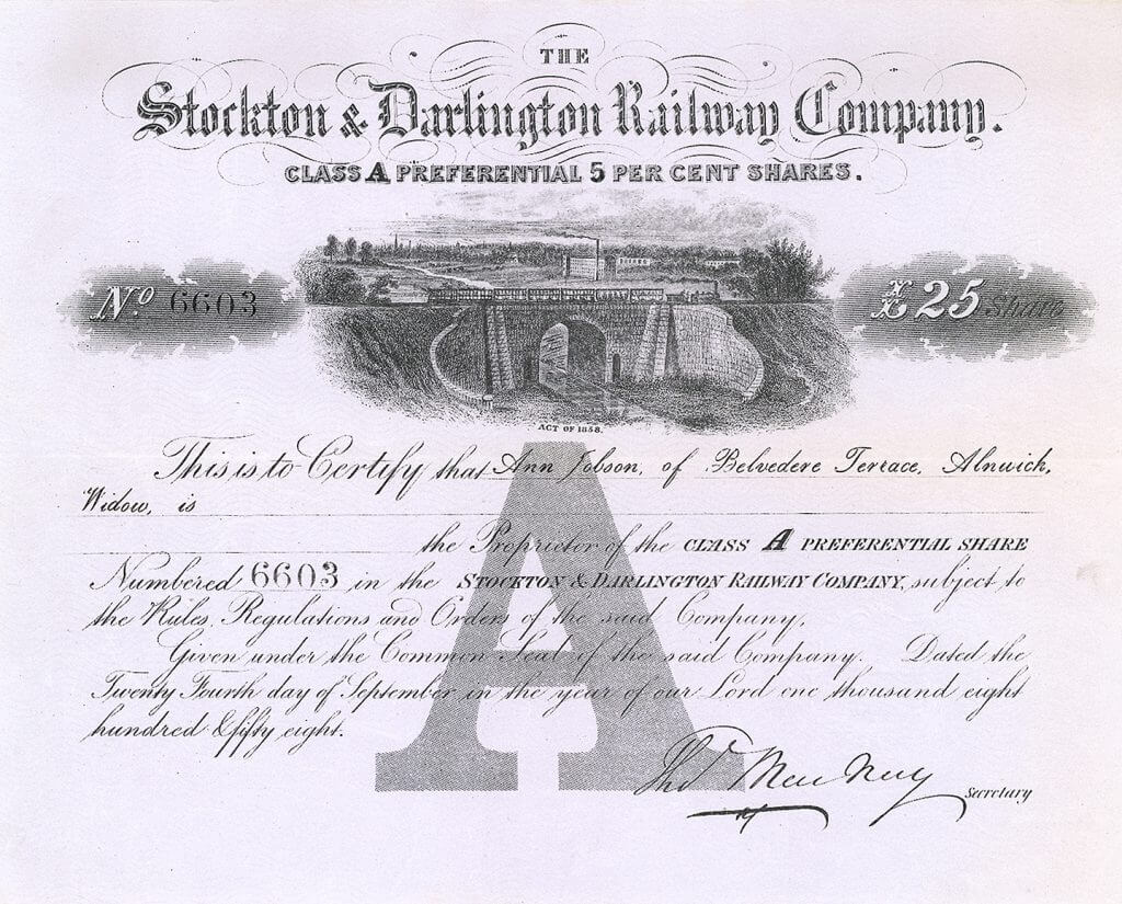 Stockton & Darlington Railway, Aktie über 25 £ von 1858. Wirtschafts- und verkehrsgeschichtlich bedeutendes, äußerst seltenes Papier.