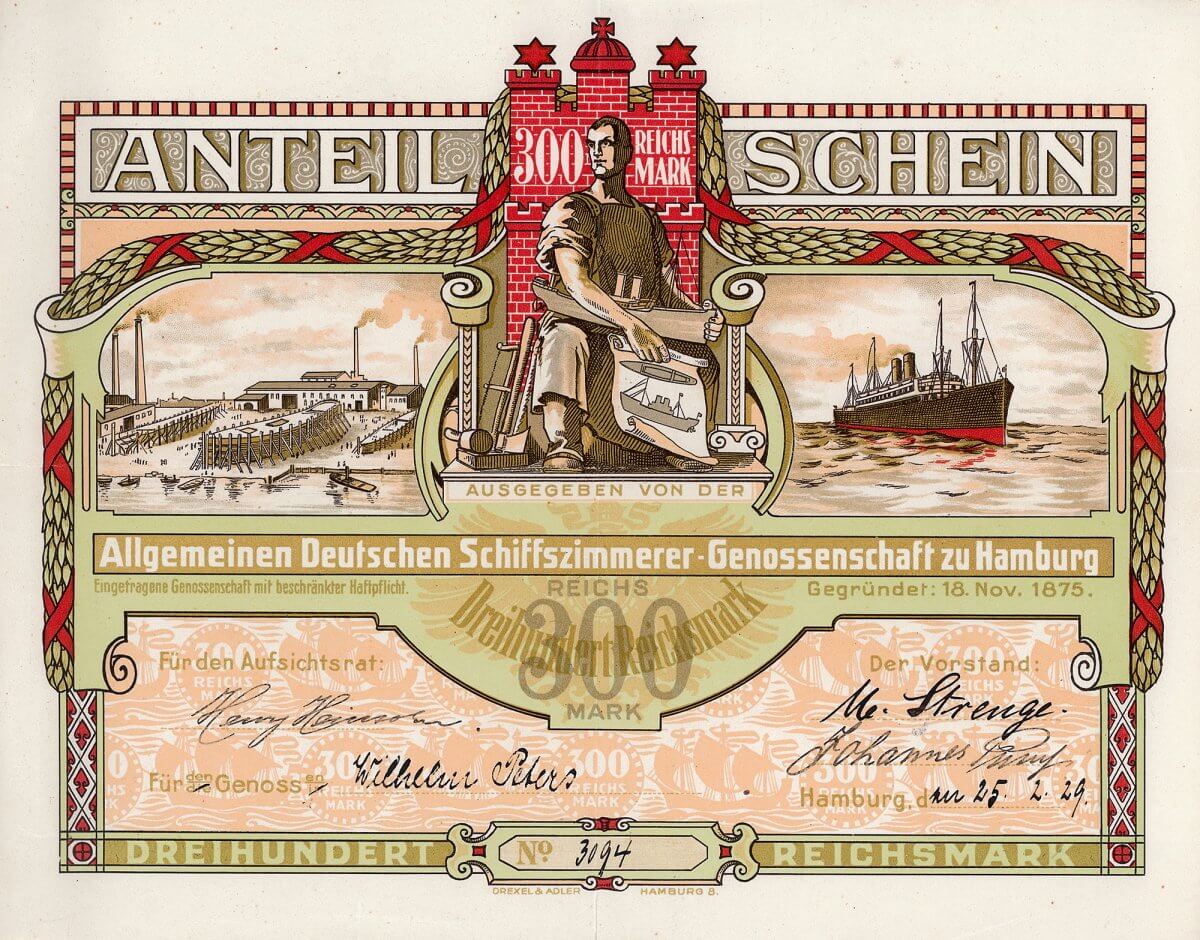 Allgemeine Deutsche Schiffszimmerer-Genossenschaft zu Hamburg eGmbH, Anteil-Schein über 300 Mark von 1937. Gegründet wurde die Schiffszimmerer-Genossenschaft am 18.11.1875 von Schiffszimmerer-Gesellen, die in der kollektiven Selbständigkeit den Lohnkämpfen mit den Werfteignern entgehen wollten. Auf eigene Rechnung wurden Holzschiffe gebaut und instandgesetzt. 1876 erfolgte der Erwerb einer eigenen Schiffswerft mit 13,3 ha Gelände. 1877 wurde eine weitere Werft an der Schwentine in Kiel errichtet. Bis Oktober 1906 wurden 350 Schiffe repariert, über 100 Neubauten verließen die Werft.