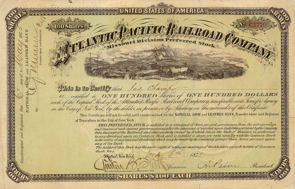 Atlantic Pacific RR, Aktie von 1875