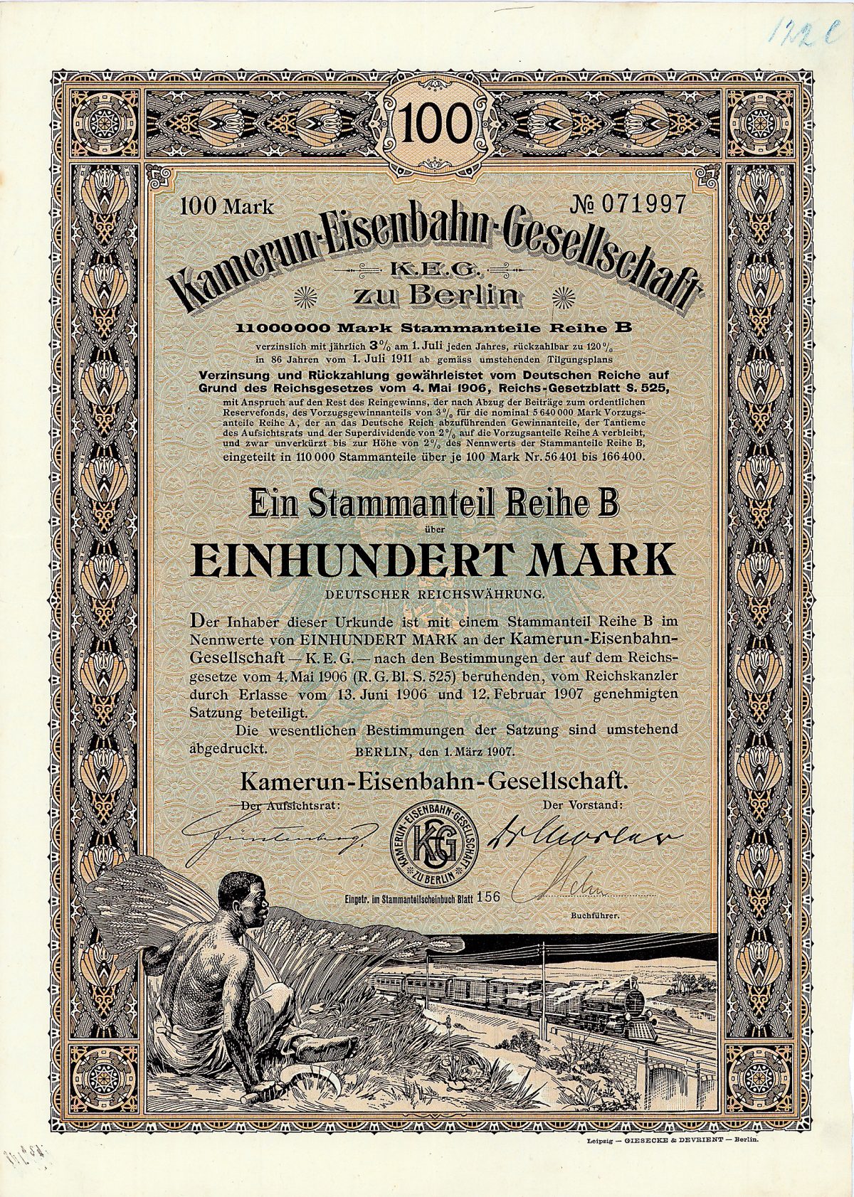 Kamerun-Eisenbahn-Gesellschaft Anteil B 100 Mark, Nr. 71997 Berlin, 1.3.1907