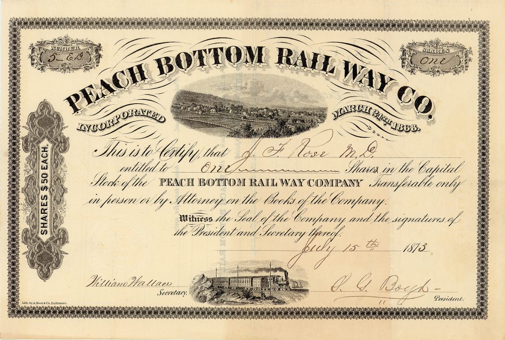 Peach Bottom Railway 1 share à 50 $, Nr. 5 Pennsylvania, 15.7.1873