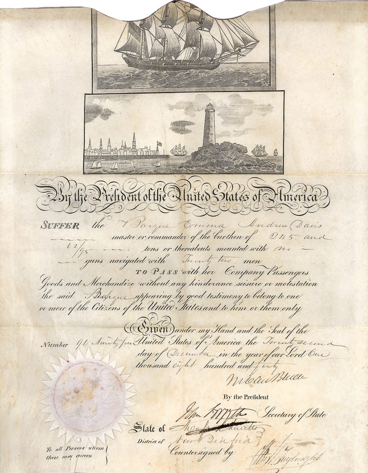 Schiffs-Pass für Barque Emma von 1840. Hand signed by Martin Van Buren