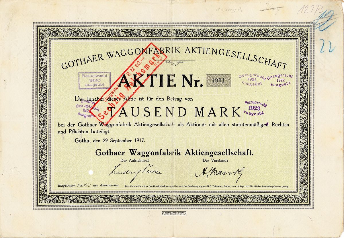 Gothaer Waggonfabrik AG, Gotha, äußerst seltene Aktie von 1917