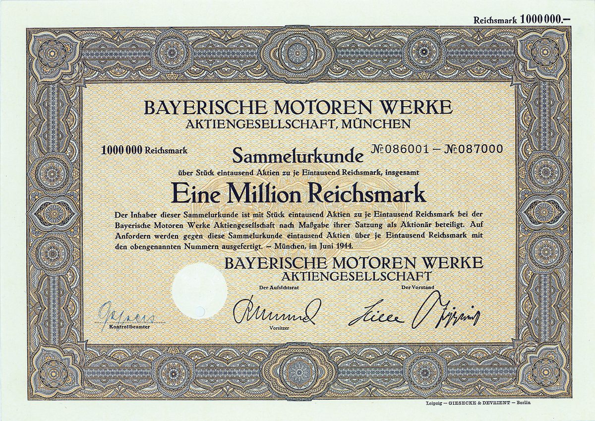 BMW Aktie über 1 Million RM von 1944 - Rarität
