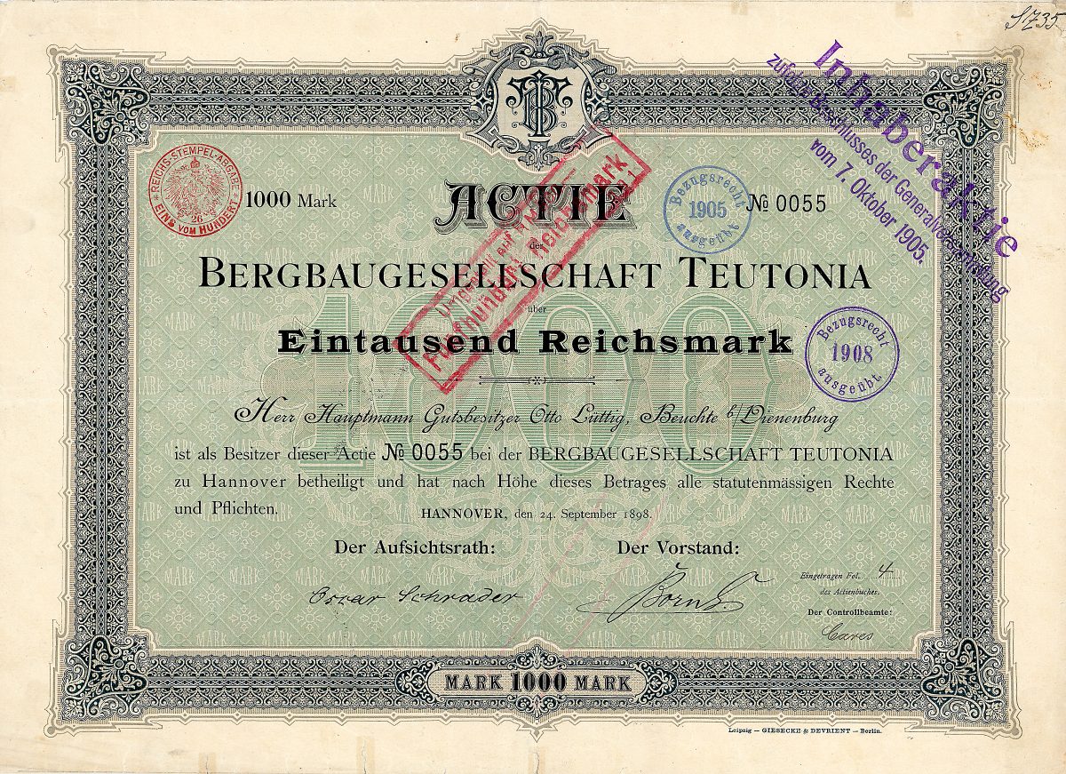 Bergbaugesellschaft Teutonia, Hannover, Gründeraktie von 1898. Rarität!