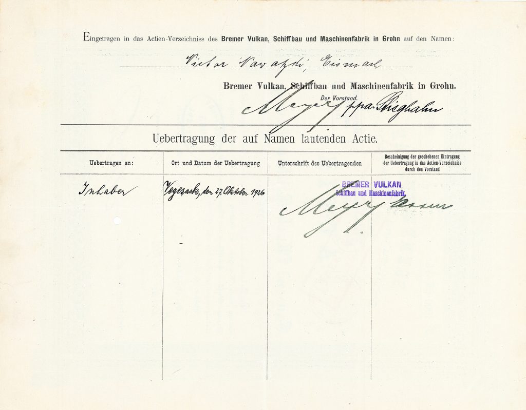 Bremer Vulkan Schiffbau  und Maschinenfabrik, Doppelblatt, inwendig eingetragen auf den Bremer Vulkan-Gründer Victor Nawatzki (1855-1940), langjähriger Aufsichtsratsvorsitzender. 