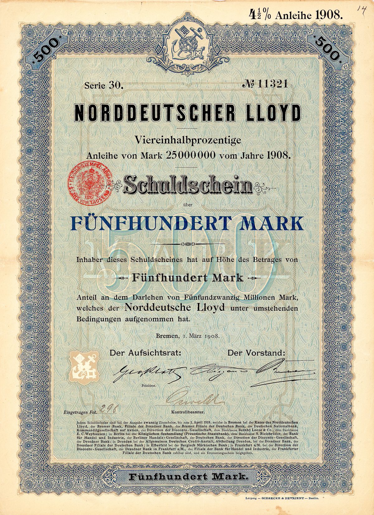 Norddeutscher Lloyd, Bremen, Anleihe von 1908. Rarität: nur 5 Stücke sind bekannt!