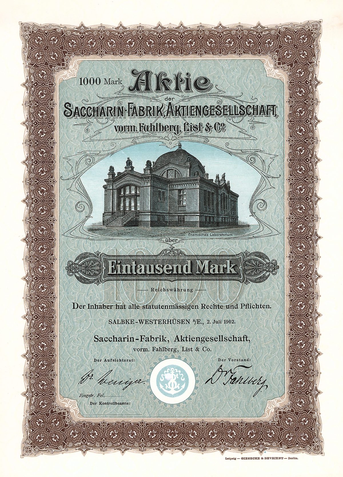 Saccharin-Fabrik AG vorm. Fahlberg, List & Co., Magdeburg, Gründeraktie von 1902