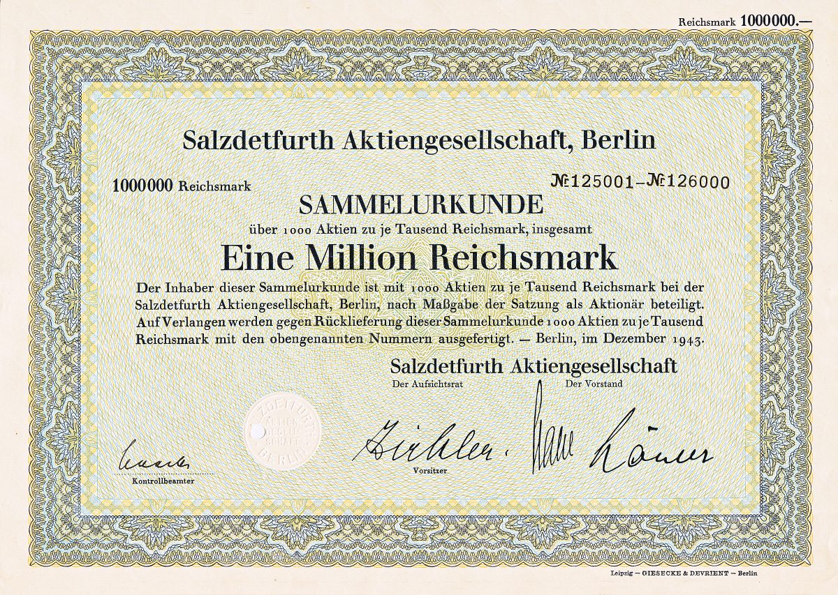 Salzdetfurth AG, Aktie von 1943 über 1 Million RM, nur 19 Stücke sind noch existent
