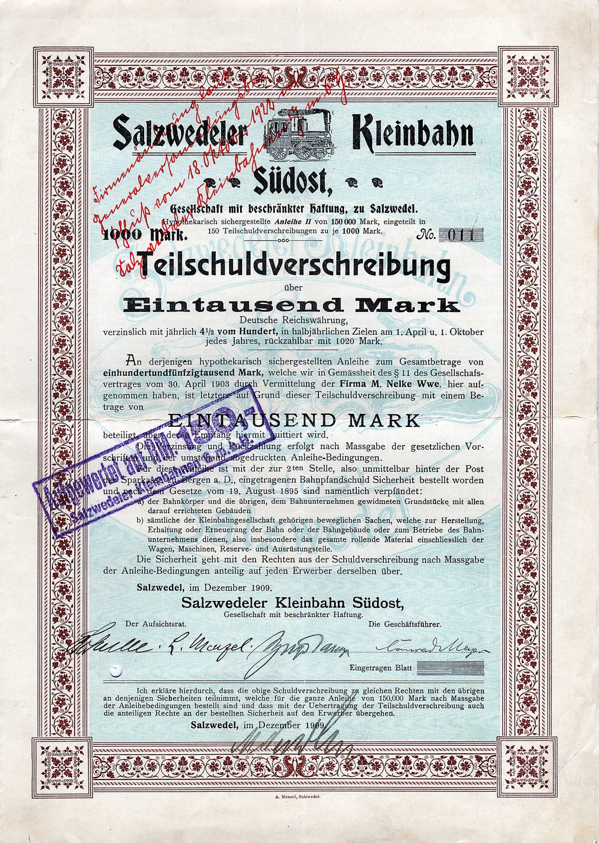 Salzwedeler Kleinbahn Südost GmbH, Anleihe über 1000 Mark von 1909.