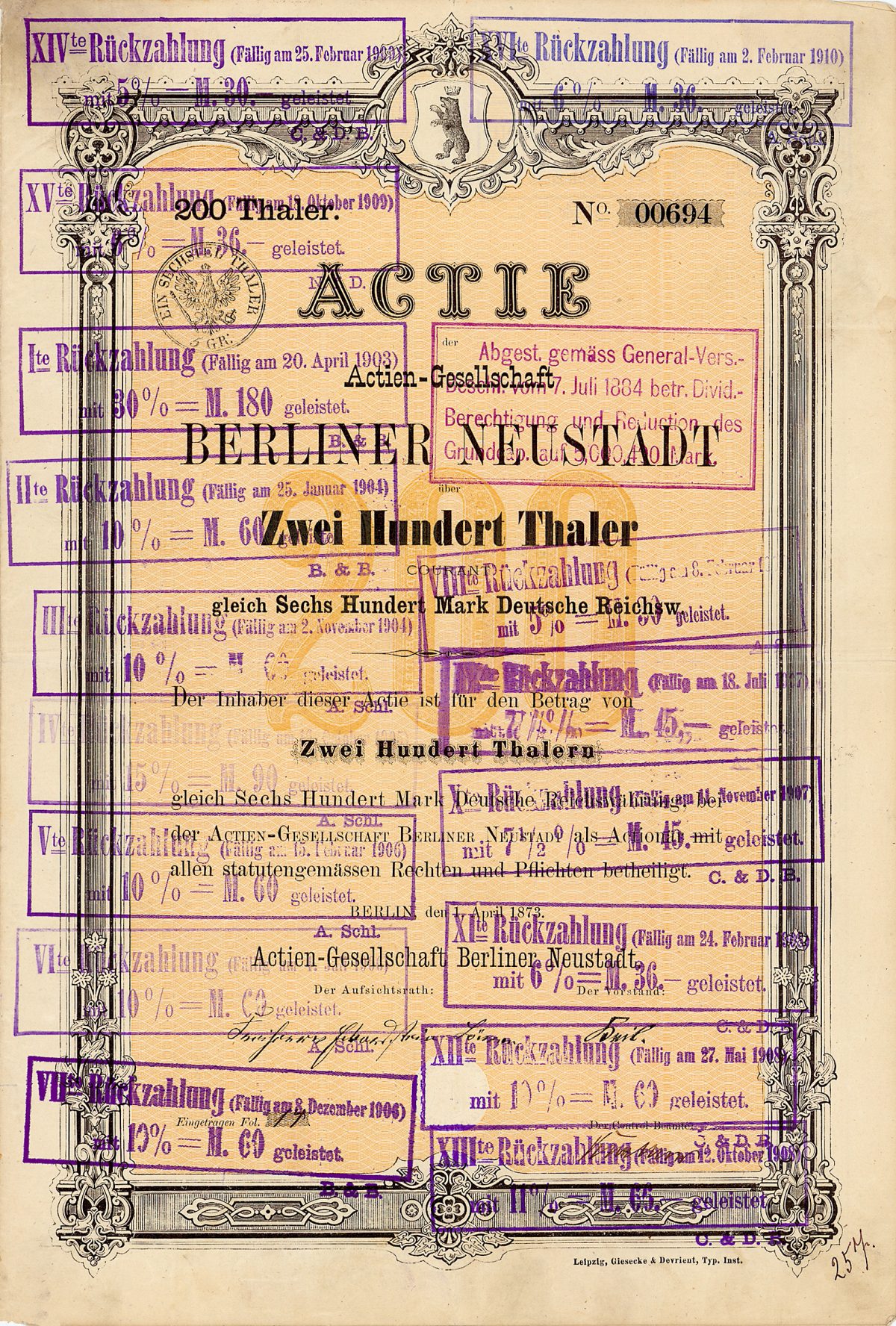 AG Berliner Neustadt Actie 200 Thaler, Nr. 694 Berlin, 1.4.1873