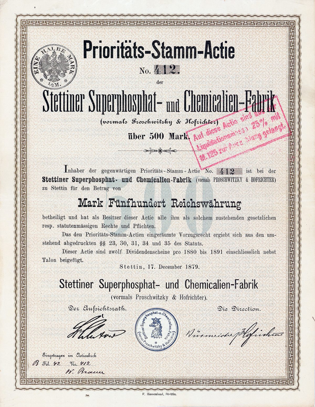 Stettiner Superphosphat- und Chemicalien-Fabrik, Gründeraktie von 1879.