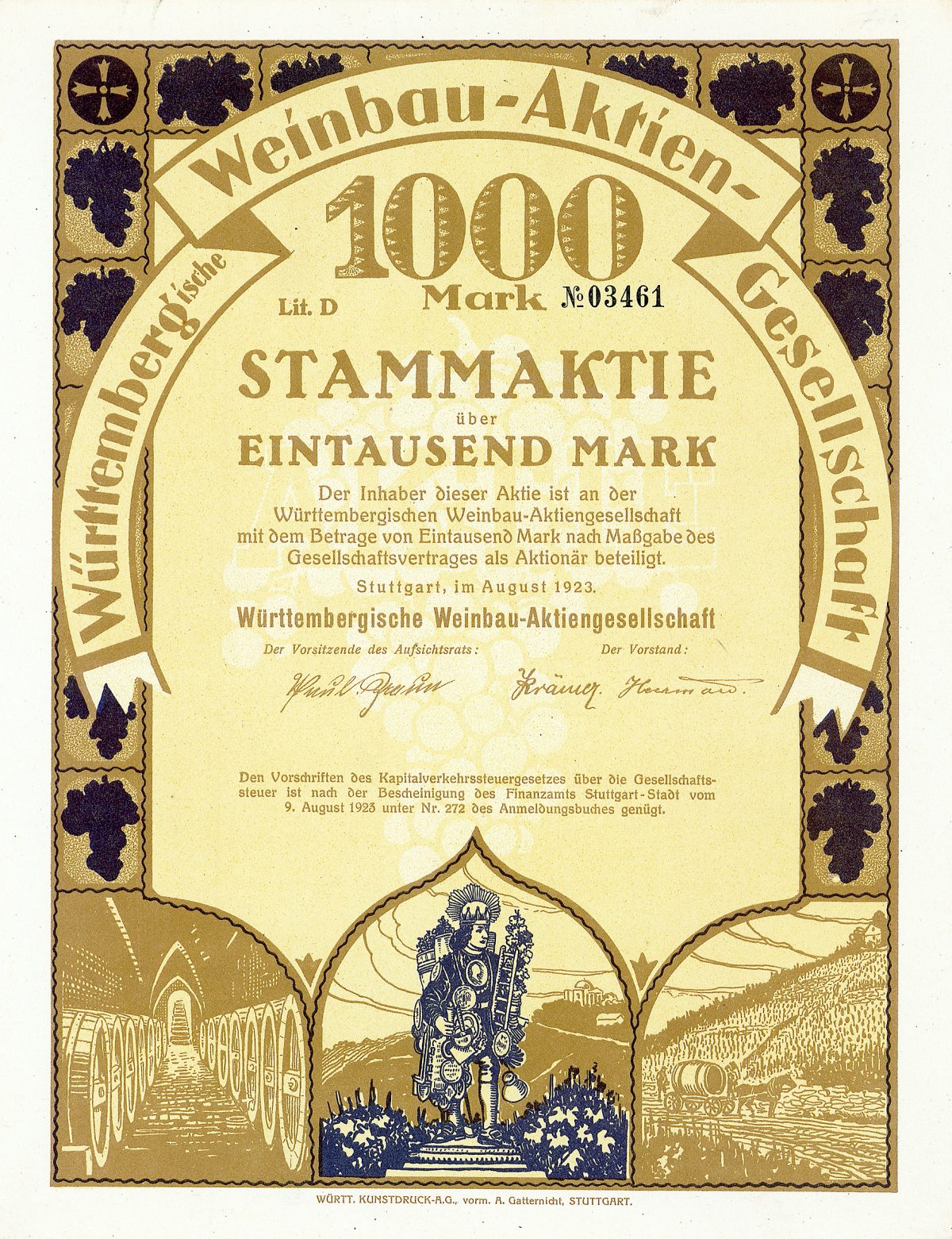 Württembergische Weinbau-AG, Gründeraktie aus dem Jahr 1923.