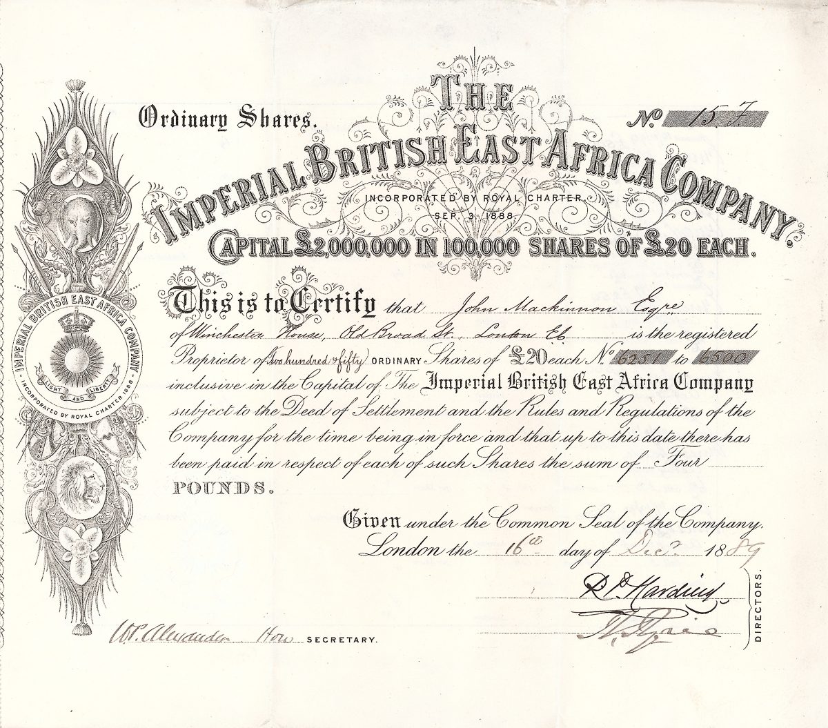 Imperial British East Africa, Aktie von 1889