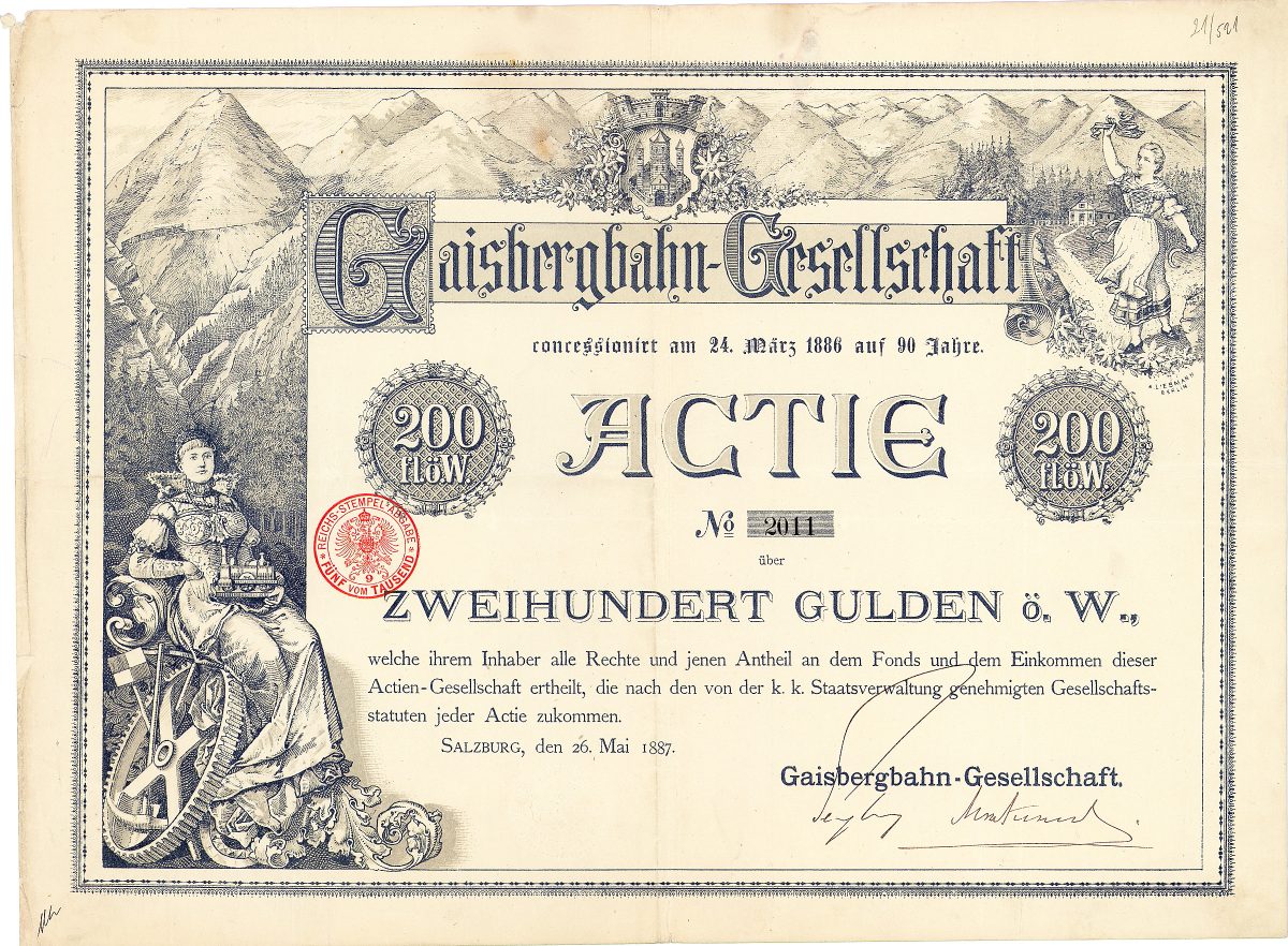 Gaisbergbahn-Gesellschaft, Salzberg, Gründeraktie über 200 Gulden von 1887