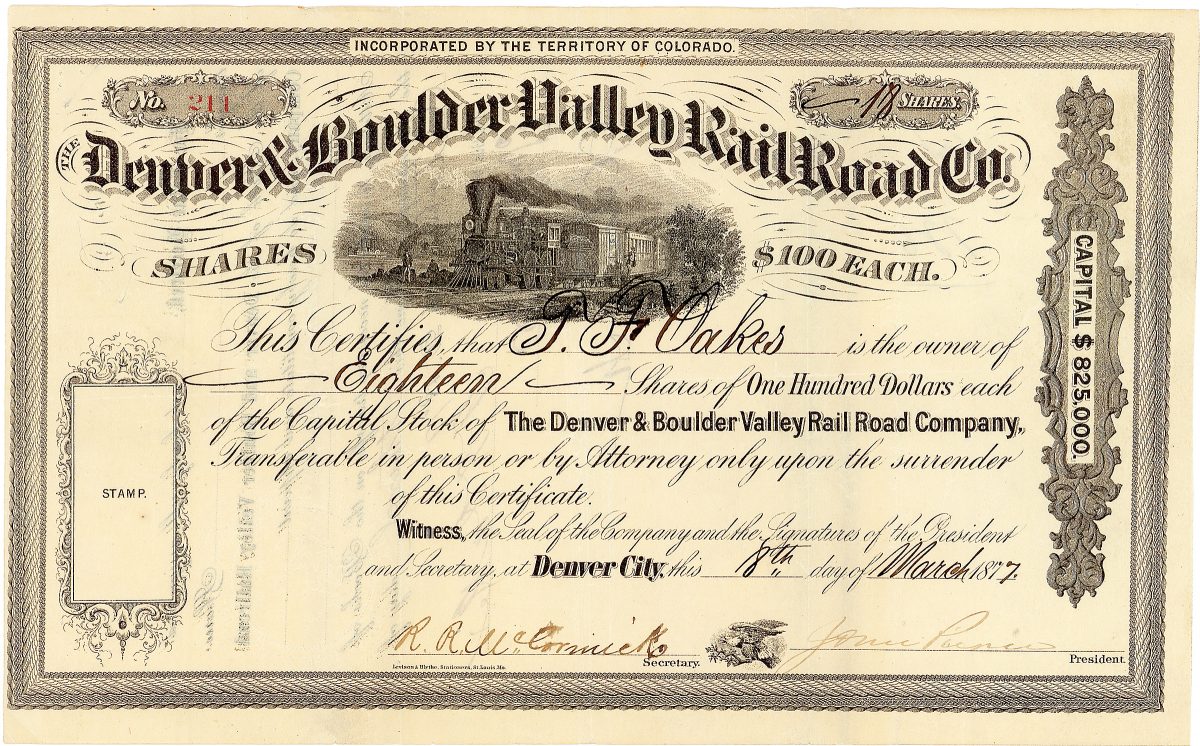 Denver & Boulder Valley Railroad, Aktie von 1877