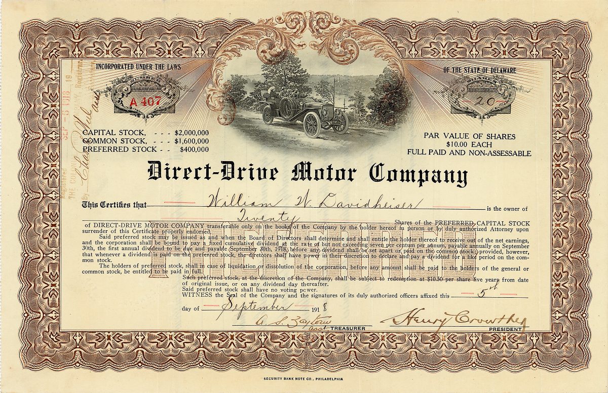 Direct-Drive Motor Company, Aktie von 1918,