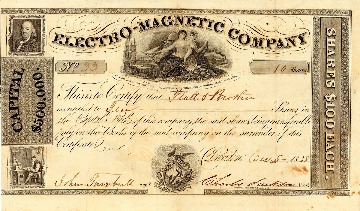 Electro-Magnetic Company, Gründeraktie von 1838. Erfindung eines elektromagnetischen Schreibtelegrafen.