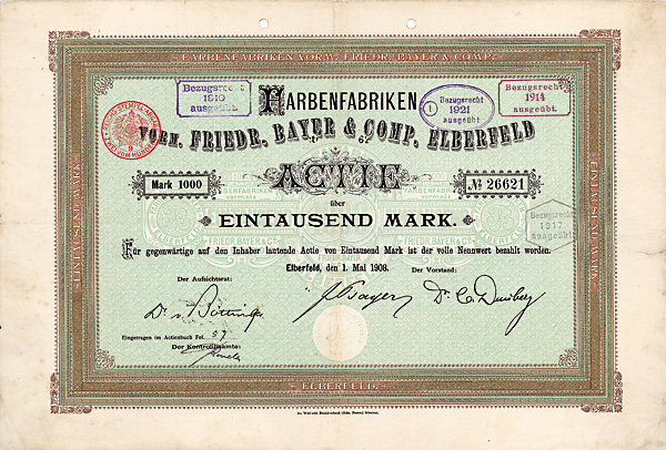 Farbenfabriken vorm. Friedr. Bayer & Comp. Actie über 1.000 Mark Elberfeld, 1.5.1908