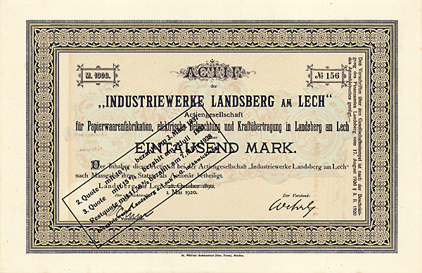 Industriewerke Landsberg am Lech AG Aktie über 1.000 Mark Landsberg am Lech, 1.5.1920 