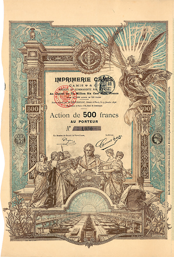 Imprimerie Camis Aktie über 500 FF Paris, 23.1.1896