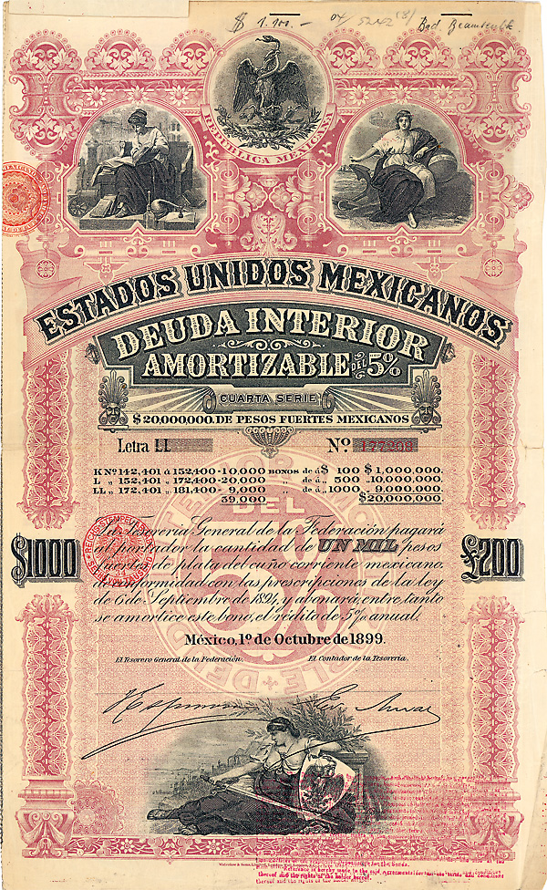 Estados Unidos Mexicanos 5 % Bond Serie 4 Letra LL über 1000 pesos = 200 £ México, 1.10.1899