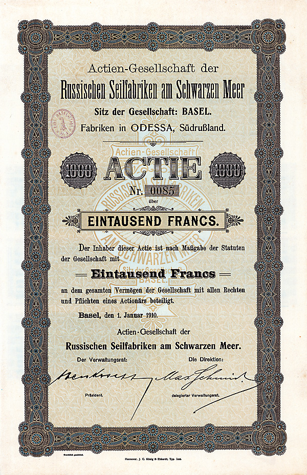 AG der Russischen Seilfabriken am Schwarzen Meer Actie über 1.000 Francs Basel, 1.1.1910