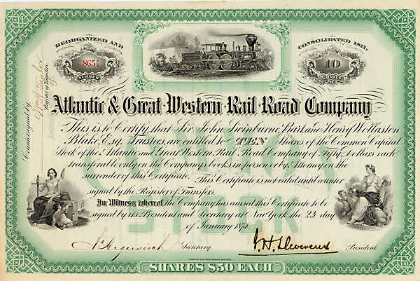 Atlantic & Great Western Rail Road Company 10 shares à 50 $ New York, 23.1.1874 