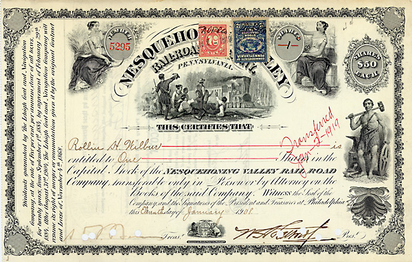Nesquehoning Valley Railroad Company 1 share à 50 $ Philadelphia, Pa., 11.1.1908