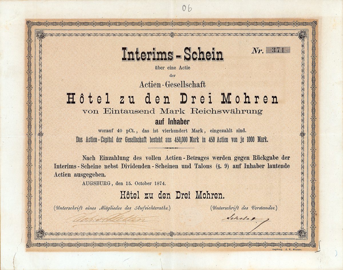 AG Hotel zu den Drei Mohren, Augsburg, Aktie von 1874