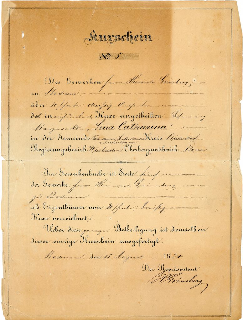 Eisenerz Bergwerk „Lina Catharina“, Kuxschein über 30 Kuxe, Bochum, 15.8.1874 